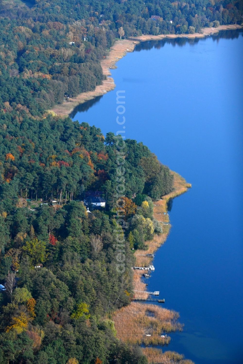 Stolzenhagen from the bird's eye view: Riparian areas on the lake area of Stolzenhagener See in Stolzenhagen in the state Brandenburg, Germany