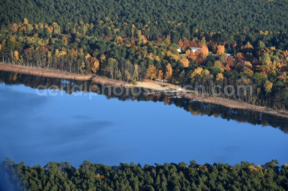 Grünheide (Mark) from the bird's eye view: Riparian areas on the lake area of Stoeritzsee in Gruenheide (Mark) in the state Brandenburg