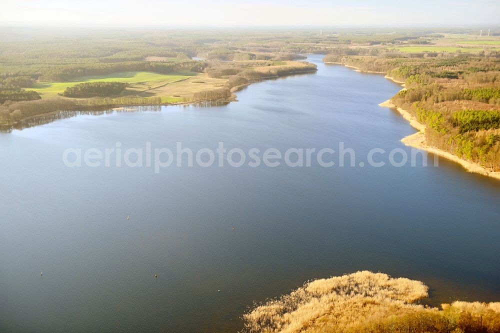 Aerial image Diemitz - Riparian areas on the lake area of Vilzsee in Diemitz in the state Mecklenburg - Western Pomerania, Germany