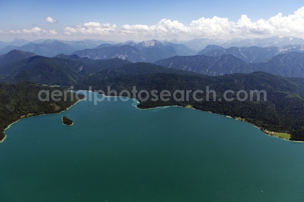 Aerial photograph Kochel am See - Riparian areas on the lake area of Walchensee in Kochel am See in the state Bavaria, Germany