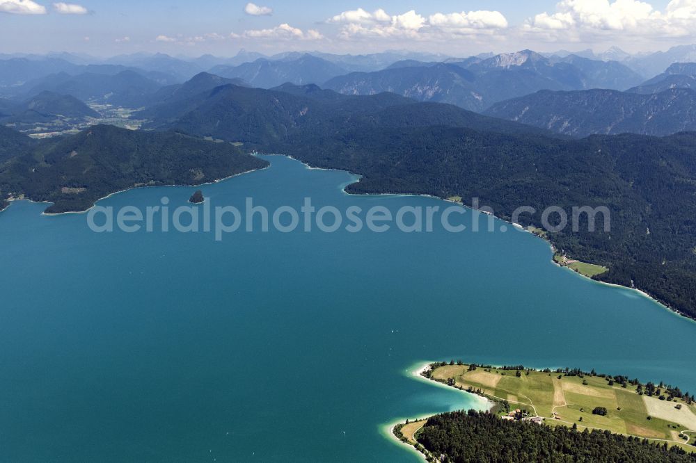 Aerial image Kochel am See - Riparian areas on the lake area of Walchensee in Kochel am See in the state Bavaria, Germany