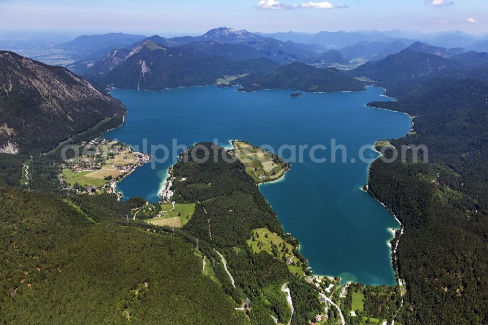 Aerial image Kochel am See - Riparian areas on the lake area of Walchensee in Kochel am See in the state Bavaria, Germany