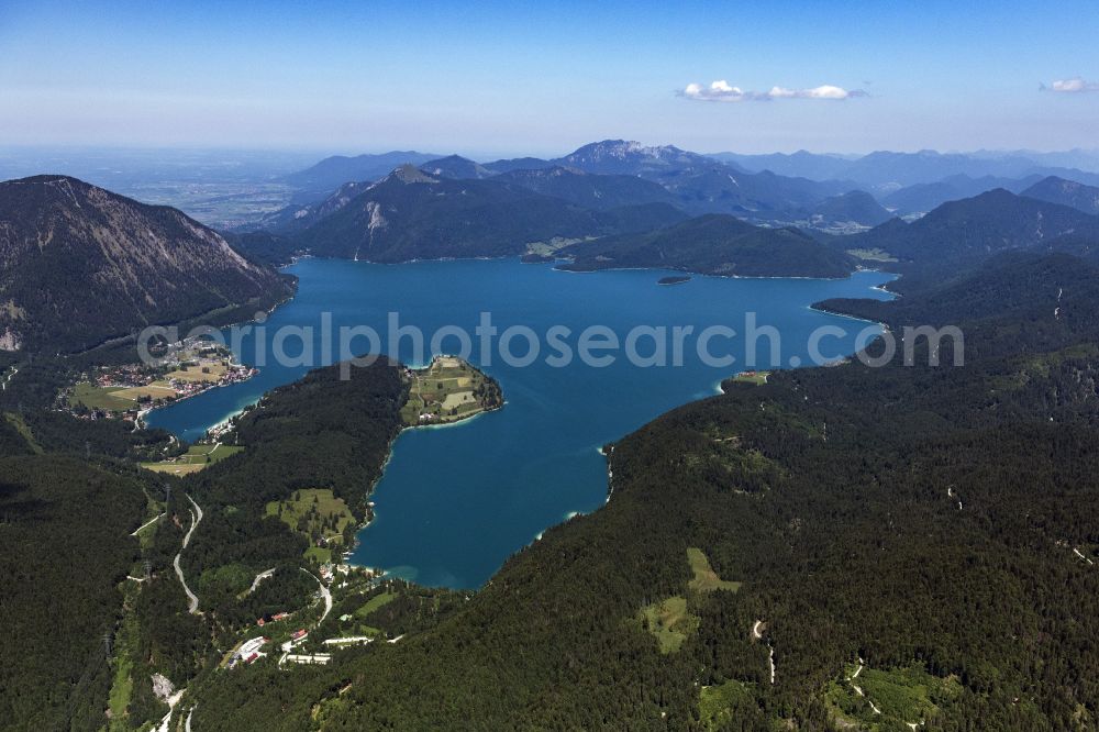 Kochel am See from above - Riparian areas on the lake area of Walchensee in Kochel am See in the state Bavaria, Germany