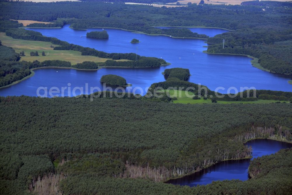 Aerial image Priepert - Riparian areas on the lake area of Wangnitzsee in Priepert in the state Mecklenburg - Western Pomerania