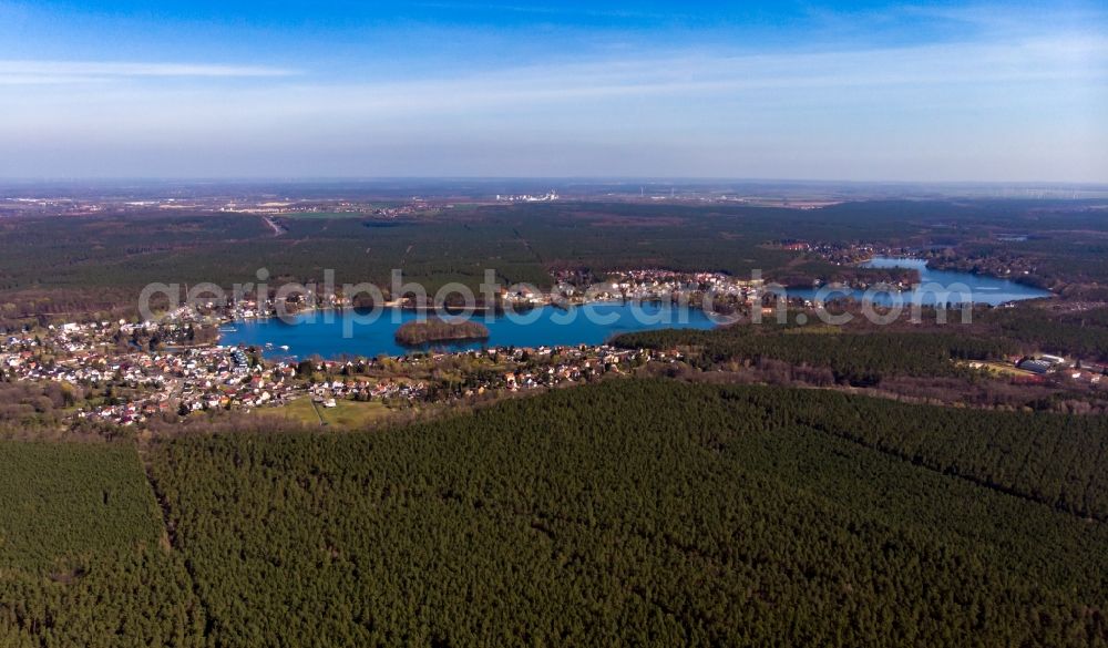 Fangschleuse from above - Riparian areas on the lake area of Werlsee in a forest area in Fangschleuse in the state Brandenburg, Germany