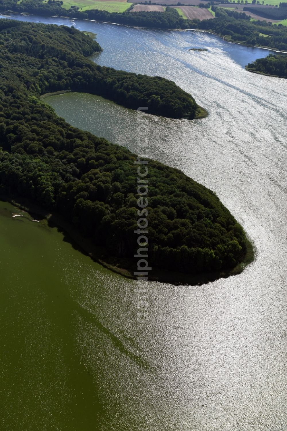 Achterwehr from above - Riparian areas on the lake area of Westensee with the protected landscape Ahrensee und nordoestlicher Westensee in Achterwehr in the state Schleswig-Holstein