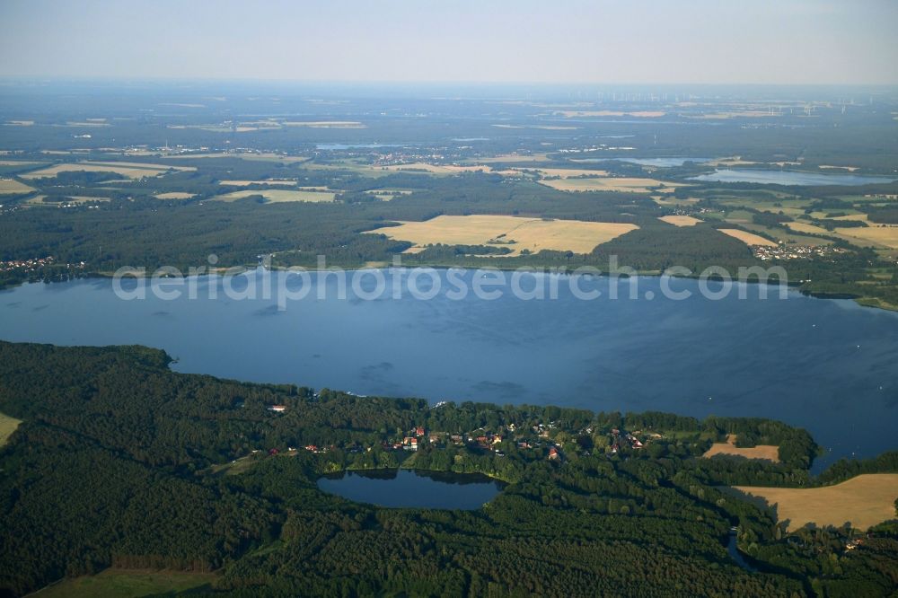 Heidesee from above - Riparian areas on the lake area of Wolziger See in Heidesee in the state Brandenburg, Germany