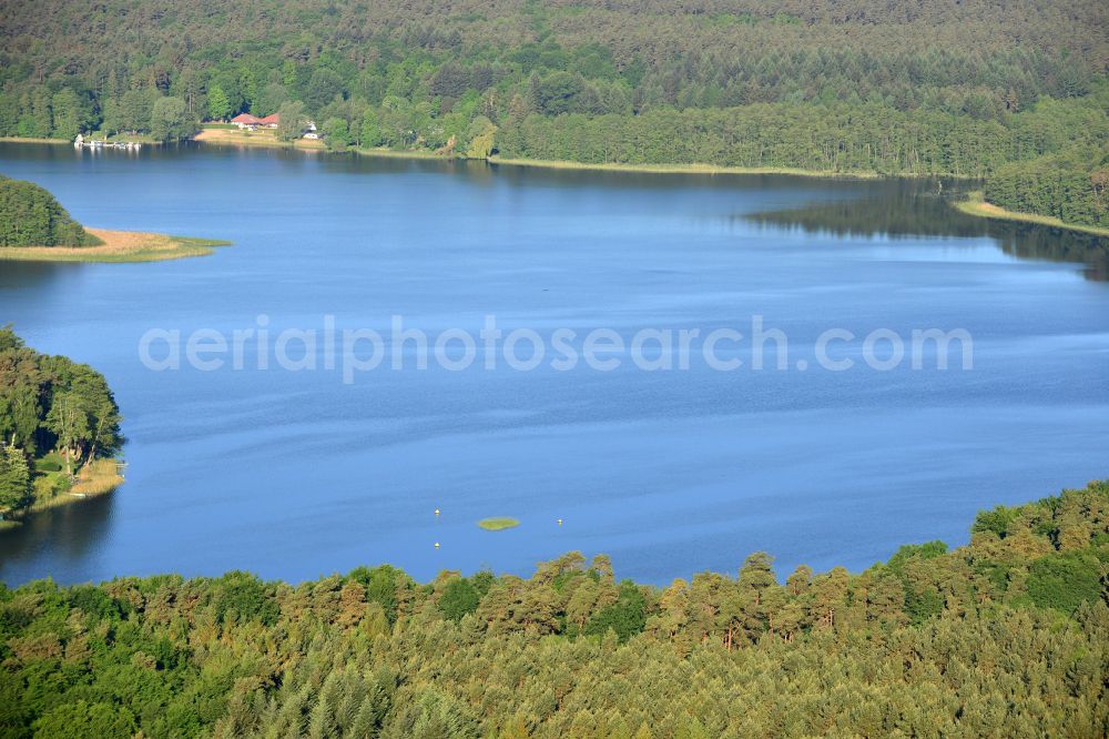 Krangen from the bird's eye view: Riparian areas on the lake area of Zermuetzelsee in a forest area in Krangen in the state Brandenburg, Germany