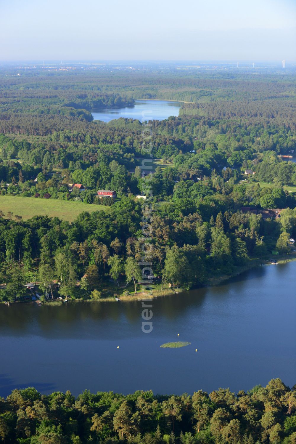 Krangen from above - Riparian areas on the lake area of Zermuetzelsee in a forest area in Krangen in the state Brandenburg, Germany