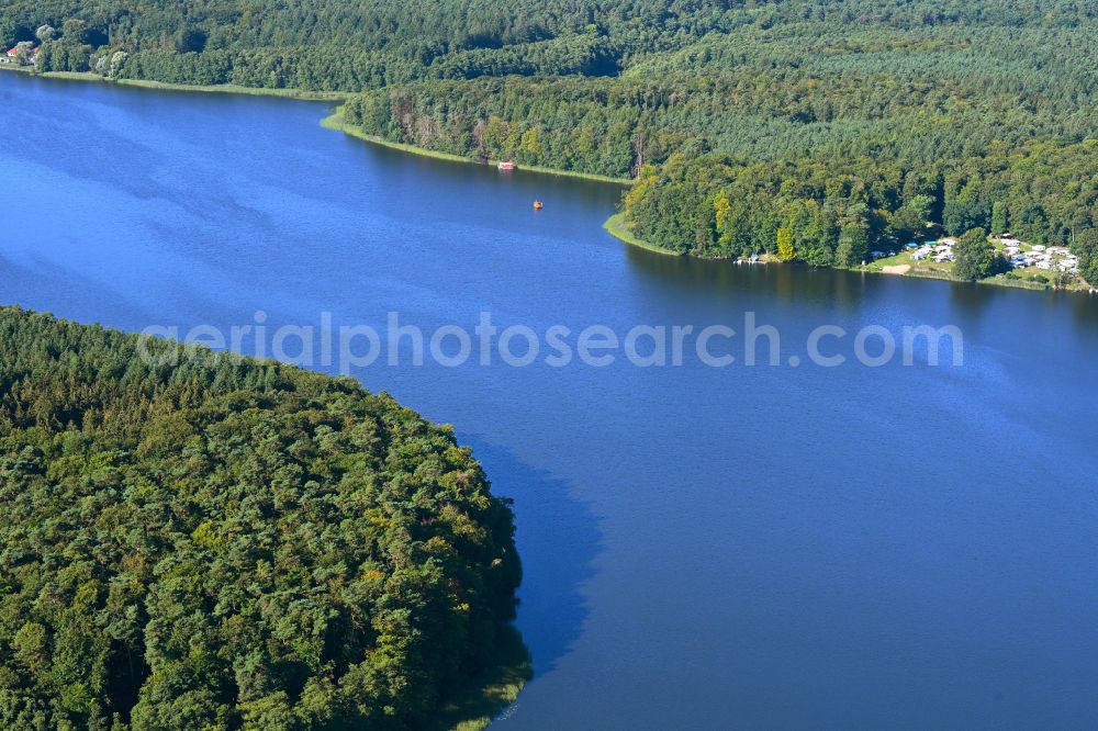 Krangen from the bird's eye view: Riparian areas on the lake area of Zermuetzelsee in a forest area in Krangen in the state Brandenburg, Germany