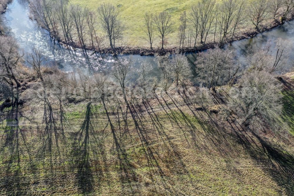 Spreeau from above - Curved loop of the riparian zones on the course of the river Spree in Spreeau in the state Brandenburg, Germany