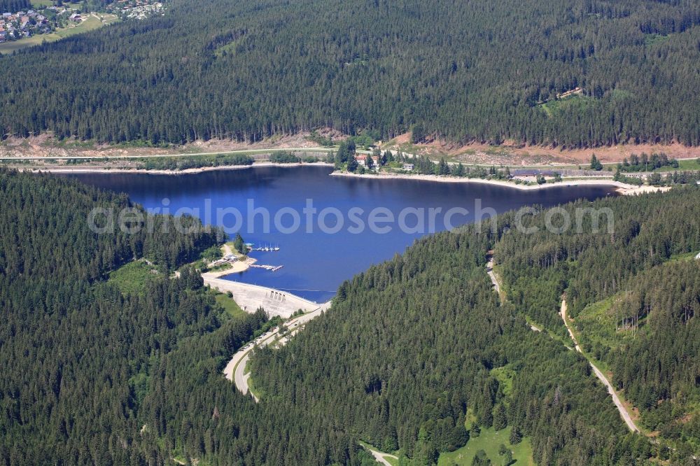 Schluchsee from above - Shore areas and dam of the Schluchsee in the Black Forest in Baden - Wuerttemberg. The reservoir serves as a high- storage power generation of the Company Schluchseewerk AG which operates several pumped storage plants in the Black Forest 