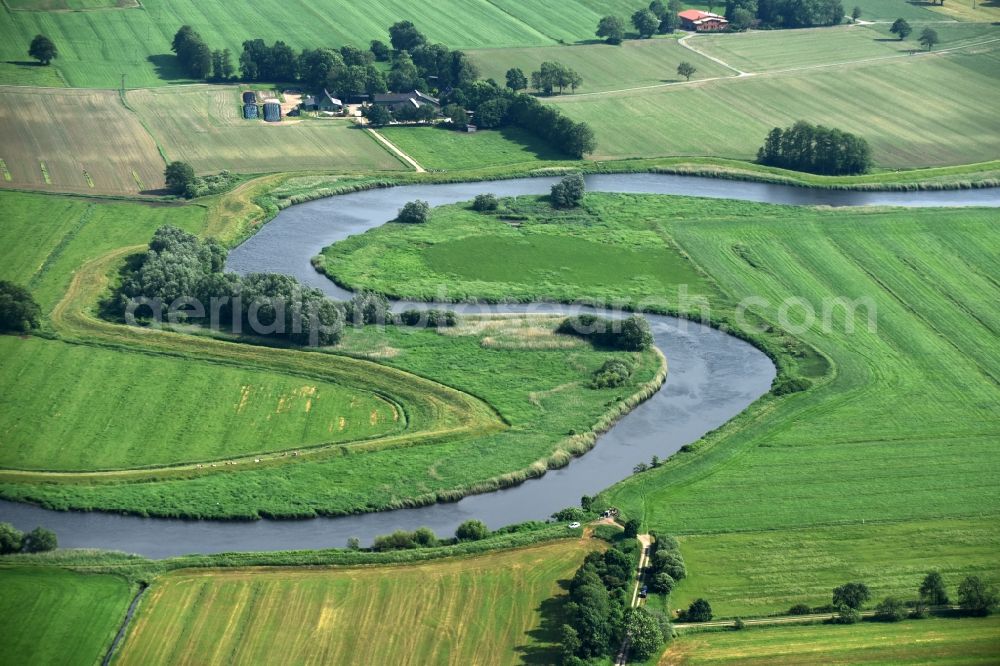 Breitenberg from above - Curved loop of the riparian zones on the course of the river Stoer in Breitenberg in the state Schleswig-Holstein