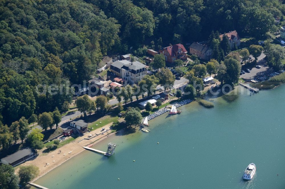 Buckow (Märkische Schweiz) from the bird's eye view: Riparian areas on the lake area of Schermuetzelsee in Buckow (Maerkische Schweiz) in the state of Brandenburg