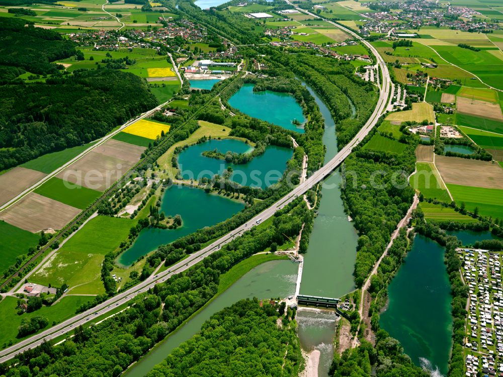 Aerial image Altenstadt - Shore areas of the ponds for fish farming in Altenstadt in the state Bavaria, Germany