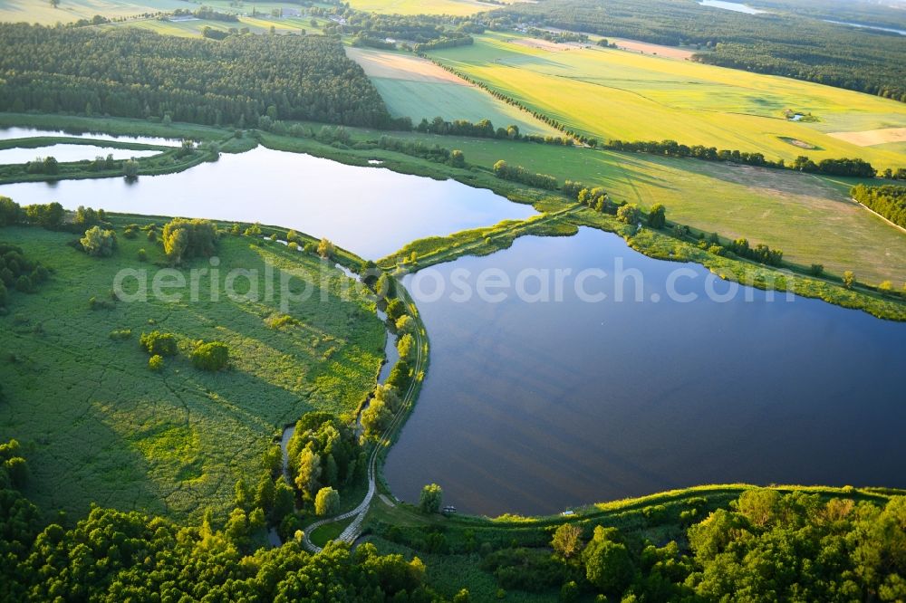 Aerial photograph Boecker Mühle - Shore areas of the ponds for fish farming Caarpsee - Woterfitzsee in Boecker Muehle in the state Mecklenburg - Western Pomerania, Germany