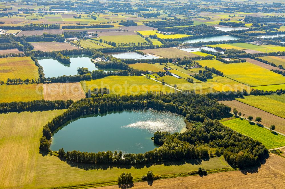 Delbrück from the bird's eye view: Bank areas of ponds for fish farming surrounded by agricultural fields on street Grimpenburg in Delbrueck in the state North Rhine-Westphalia, Germany