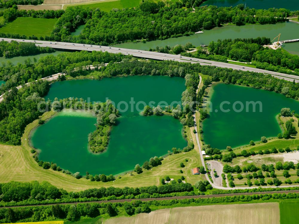 Filzingen from above - Shore areas of the ponds for fish farming in Filzingen in the state Bavaria, Germany