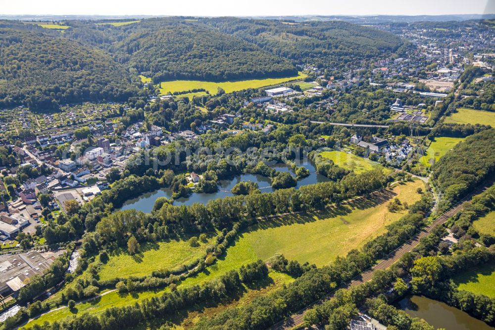 Gevelsberg from above - Shore areas of the ponds for fish farming on Honmerteich in the district Gevelsberg in Gevelsberg in the state North Rhine-Westphalia, Germany