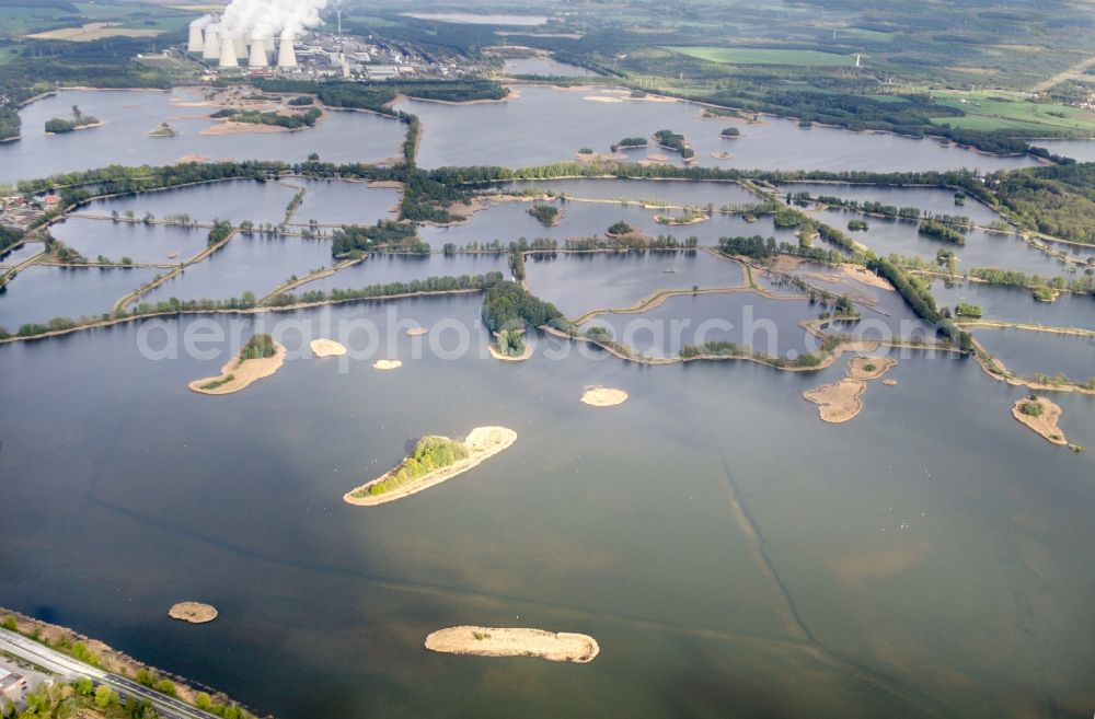 Aerial image Teichland - Shore areas of the ponds for fish farming Peitzer Teiche in Teichland in the state Brandenburg, Germany