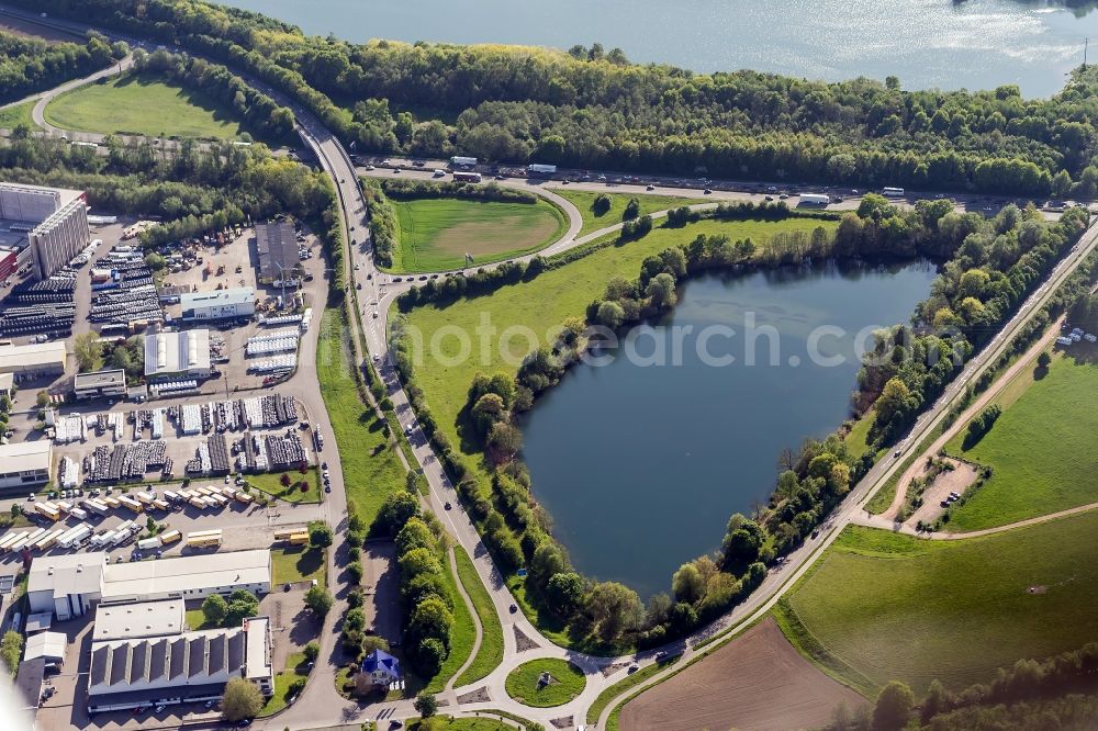 Aerial image Teningen - Shore areas of the ponds for fish farming in Teningen in the state Baden-Wuerttemberg