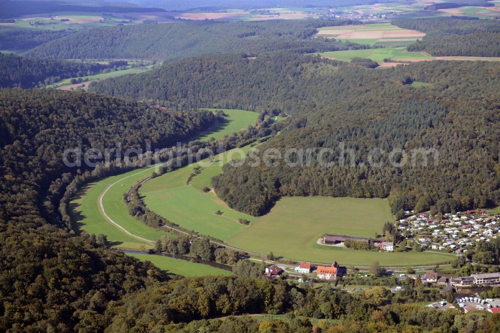 Gräfendorf from above - Curved loop of the riparian zones on the course of the river Fraenkische Saale in Graefendorf in the state Bavaria