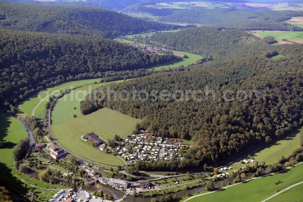 Gräfendorf from above - Curved loop of the riparian zones on the course of the river Fraenkische Saale in Graefendorf in the state Bavaria