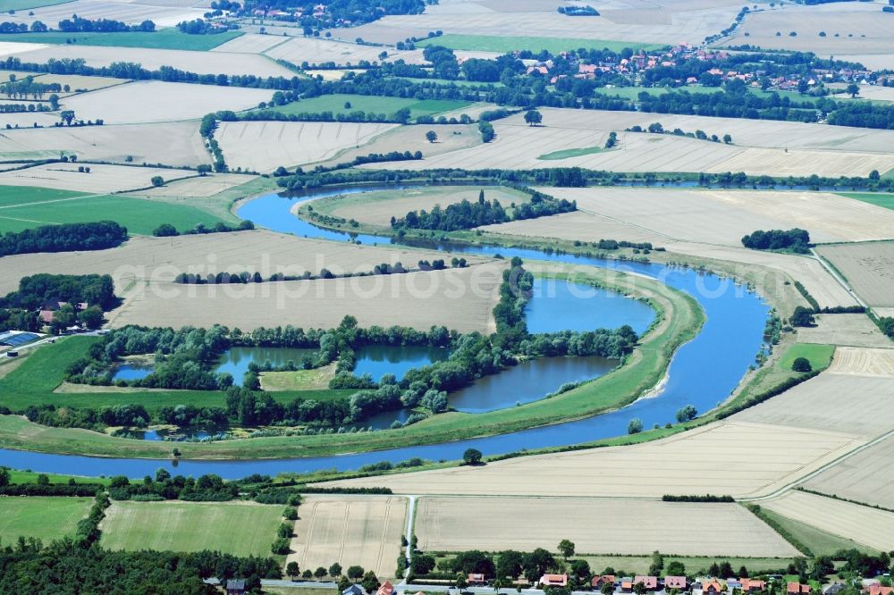 Balge from above - Curved loop of the riparian zones on the course of the river Weser in Balge in the state Lower Saxony, Germany