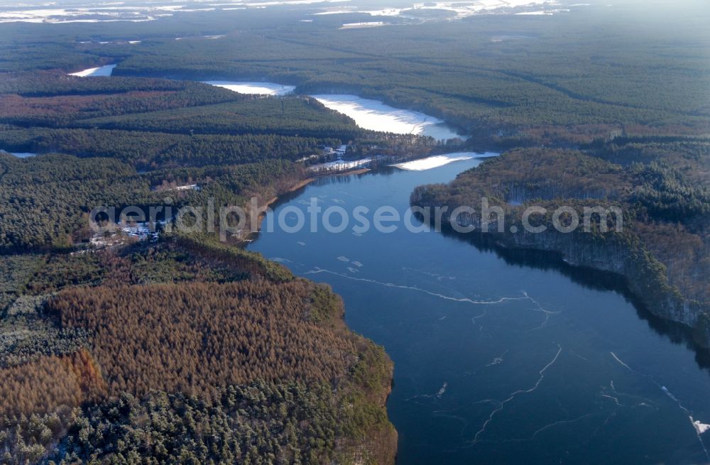 Lychen from above - Riparian areas on the lake area of Zenssee in the district Hohenlychen in Lychen in the state Brandenburg