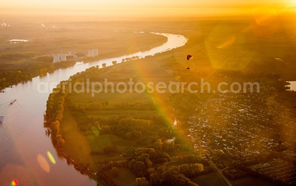 Aerial image Biblis - Hammer Aue at sunset at the course of the river Rhein between Gernsheim and Biblis in the state Hesse