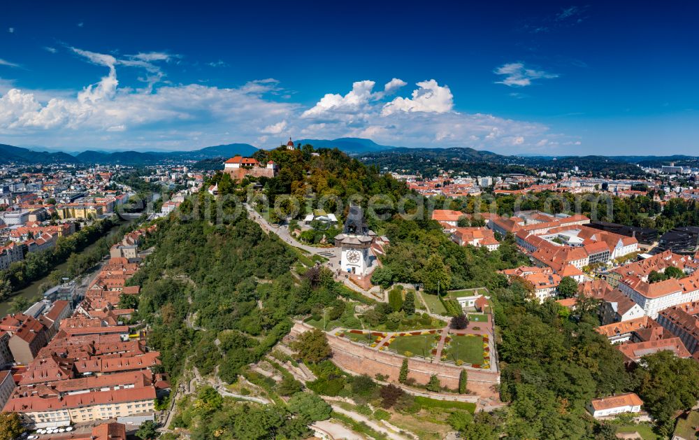 Aerial photograph Graz - Clock tower in the Romanesque garden on the Schlossberg in Graz in Styria, Austria in Graz in Styria, Austria