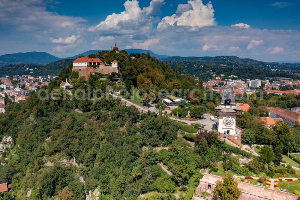 Aerial image Graz - Clock tower in the Romanesque garden on the Schlossberg in Graz in Styria, Austria in Graz in Styria, Austria