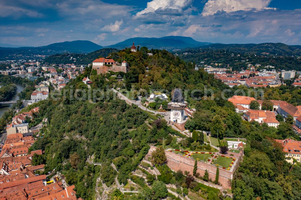 Aerial photograph Graz - Clock tower in the Romanesque garden on the Schlossberg in Graz in Styria, Austria in Graz in Styria, Austria