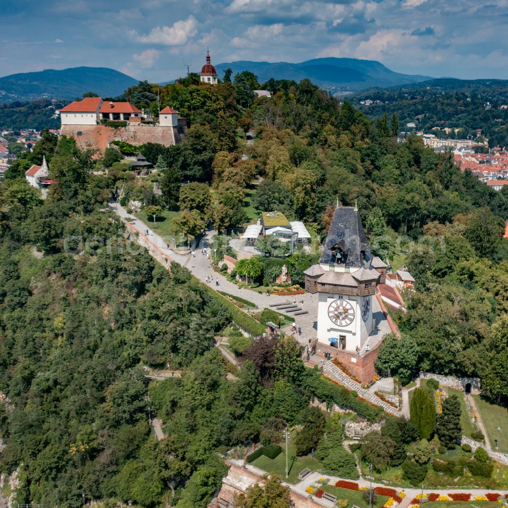 Graz from above - Clock tower in the Romanesque garden on the Schlossberg in Graz in Styria, Austria in Graz in Styria, Austria