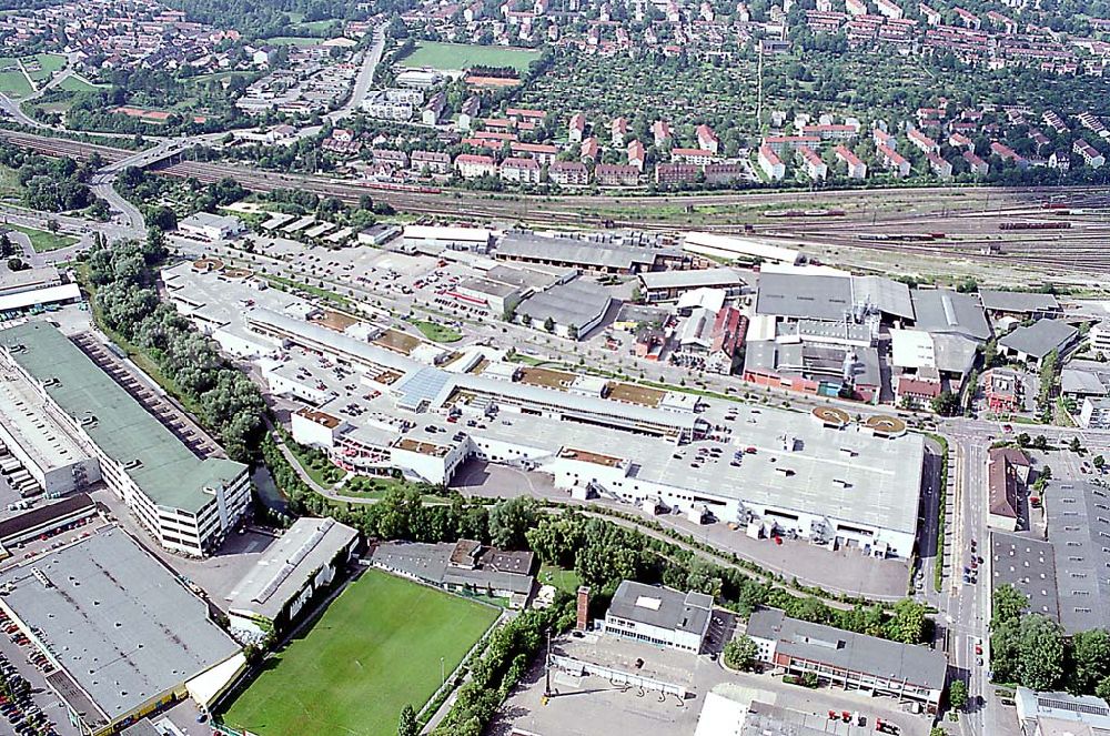 Ulm / Baden Württemberg from above - Ulm / Baden Württemberg Blick auf das Einkaufscentrum ECE an der Bahnstrecke in Ulm an der Donau in Baden Würtemberg