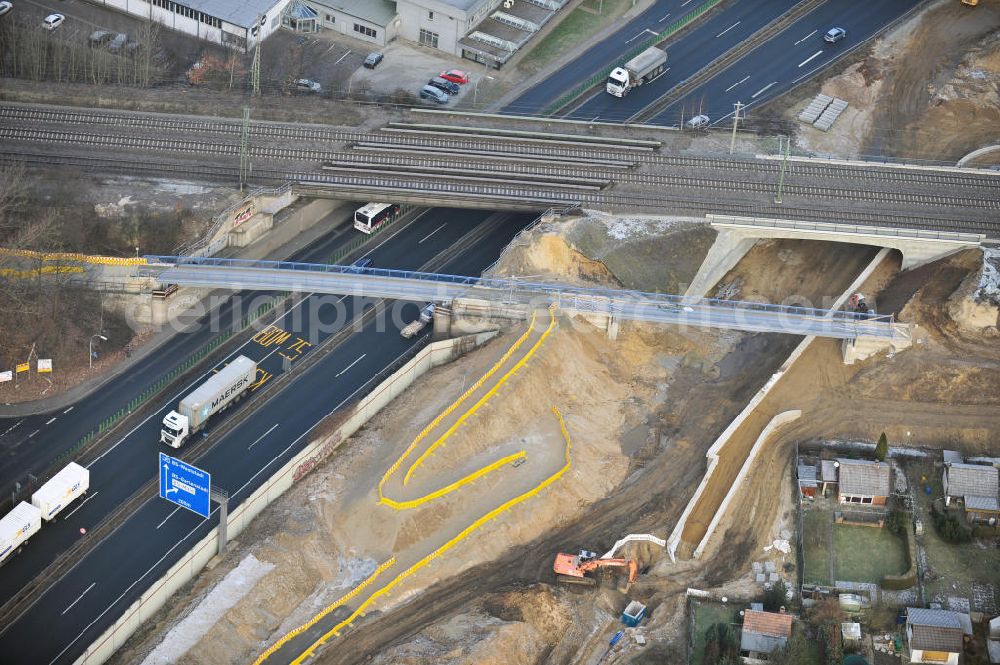 Braunschweig from above - Blick auf den Um- und Ausbau des Autobahndreiecks Braunschweig-Südwest an der Autobahn A29 / A 391. Der EUROVIA Baukonzern errichtet hier einige Brückenneubauten. Bauherr ist die Niedersächsische Landesbehörde für Straßenbau und Verkehr. View of the implementation and expansion of the motorway junction Braunschweig-southwest along the highway A29 / A 395th The construction company built EUROVIA here are some new bridges. Owner is the Lower Saxony state authorities for road construction and transport.