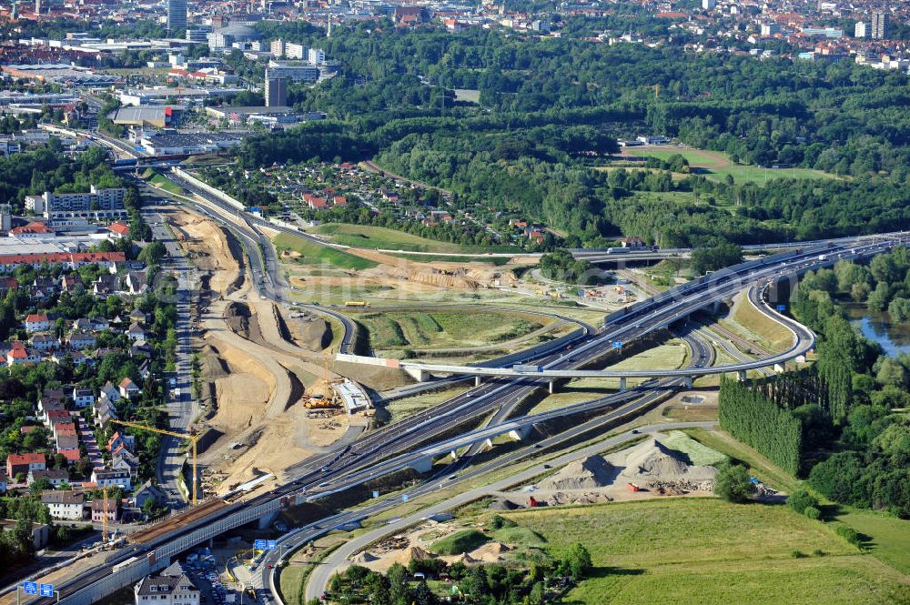 Braunschweig from above - Blick auf den Um- und Ausbau des Autobahndreiecks Braunschweig-Südwest an der Autobahn A29 / A 391 in Niedersachsen. Der EUROVIA Baukonzern errichtet hier einige Brückenneubauten. Bauherr ist die Niedersächsische Landesbehörde für Straßenbau und Verkehr. View of the implementation and expansion of the motorway junction Brunswick-southwest along the freeway A29 / A 395 in Lower Saxony. The construction company EUROVIA built here are some new bridges. Owner is the Lower Saxony state authorities for road construction and transport.