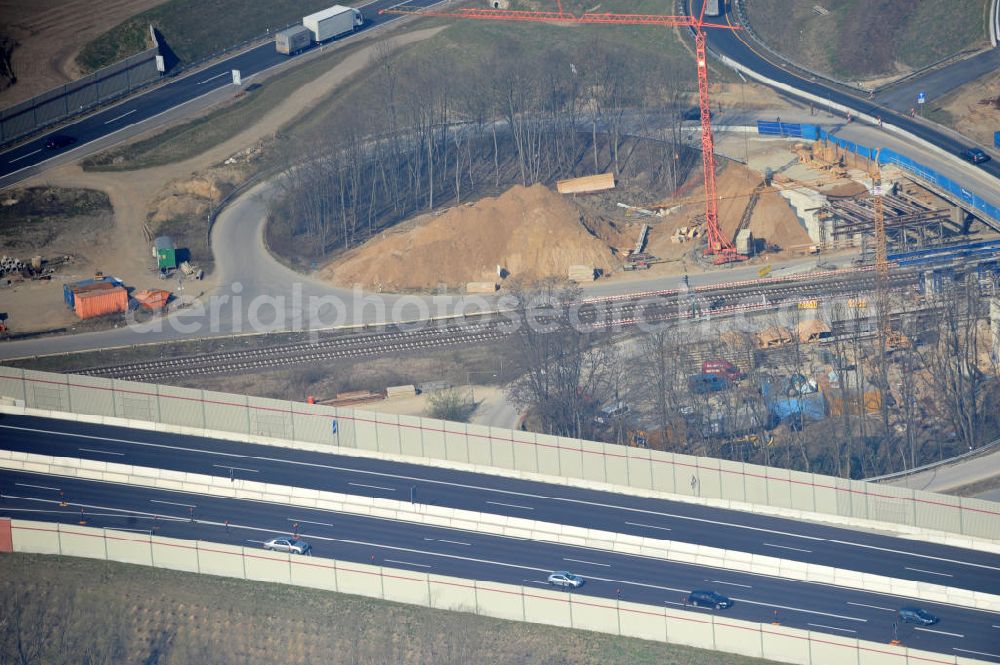 Braunschweig from the bird's eye view: View of the implementation and expansion of the motorway junction Brunswick-southwest along the freeway A29 / A 395 in Lower Saxony. The construction company EUROVIA built here are some new bridges. Owner is the Lower Saxony state authorities for road construction and transport