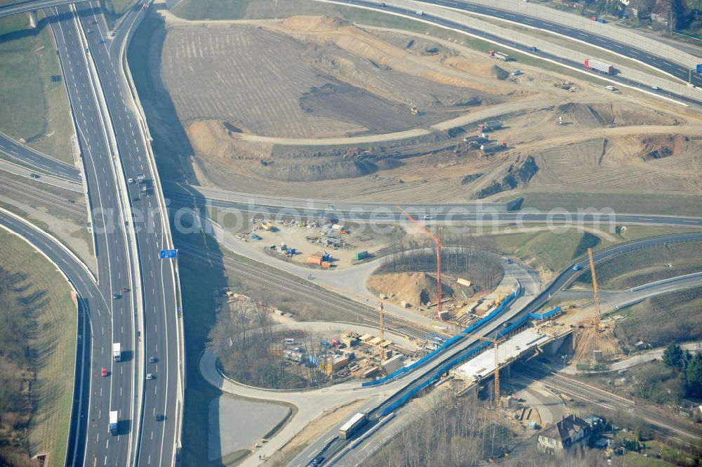 Braunschweig from above - View of the implementation and expansion of the motorway junction Brunswick-southwest along the freeway A29 / A 395 in Lower Saxony. The construction company EUROVIA built here are some new bridges. Owner is the Lower Saxony state authorities for road construction and transport