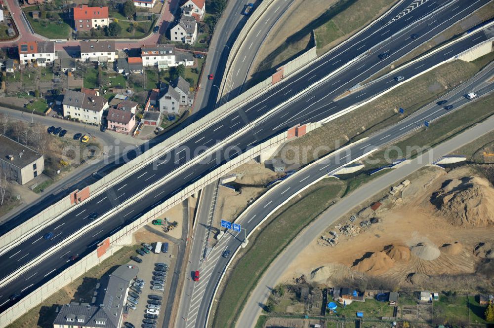 Braunschweig from above - View of the implementation and expansion of the motorway junction Brunswick-southwest along the freeway A29 / A 395 in Lower Saxony. The construction company EUROVIA built here are some new bridges. Owner is the Lower Saxony state authorities for road construction and transport