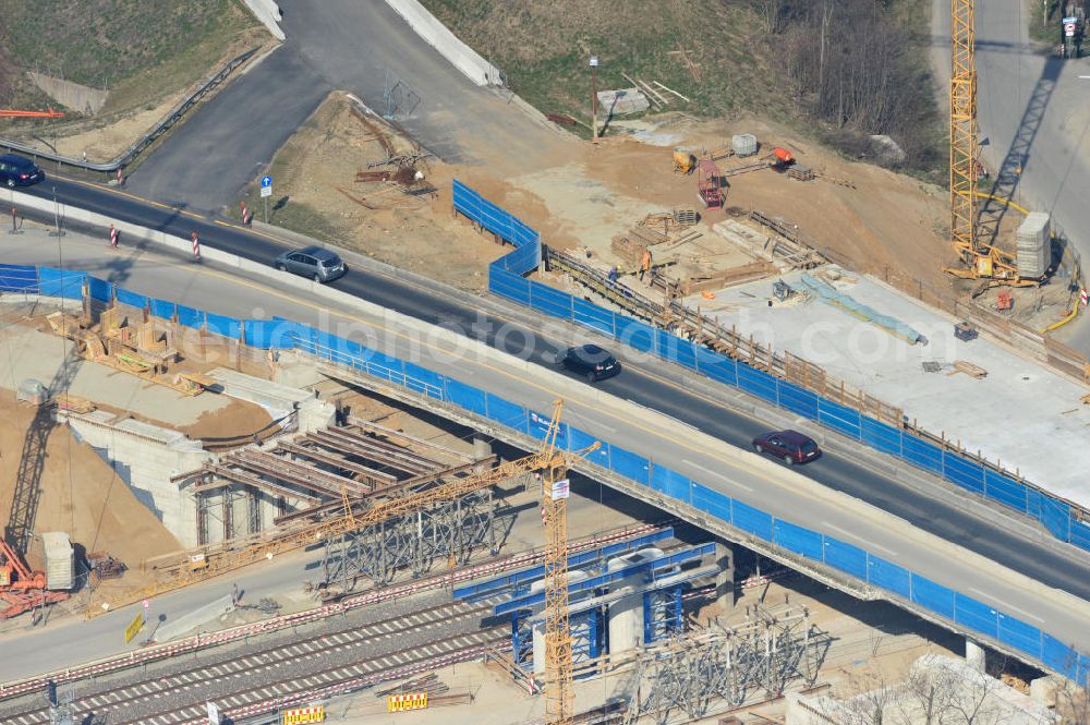 Braunschweig from the bird's eye view: View of the implementation and expansion of the motorway junction Brunswick-southwest along the freeway A29 / A 395 in Lower Saxony. The construction company EUROVIA built here are some new bridges. Owner is the Lower Saxony state authorities for road construction and transport