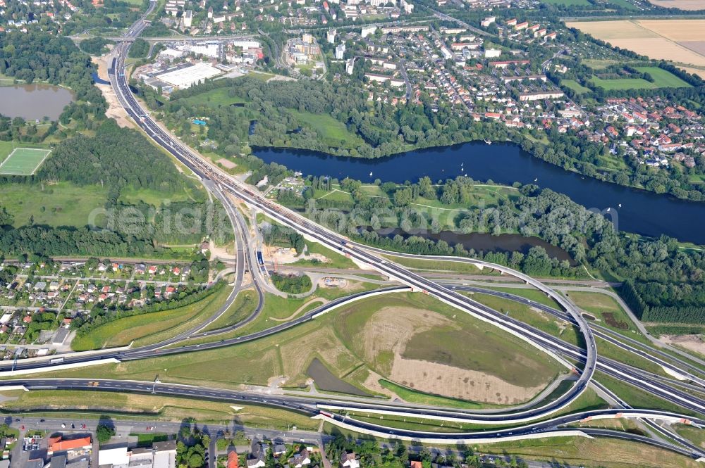 Braunschweig from above - View of the implementation and expansion of the motorway junction Brunswick-southwest along the freeway A29 / A 395 in Lower Saxony. The construction company EUROVIA built here are some new bridges. Owner is the Lower Saxony state authorities for road construction and transport