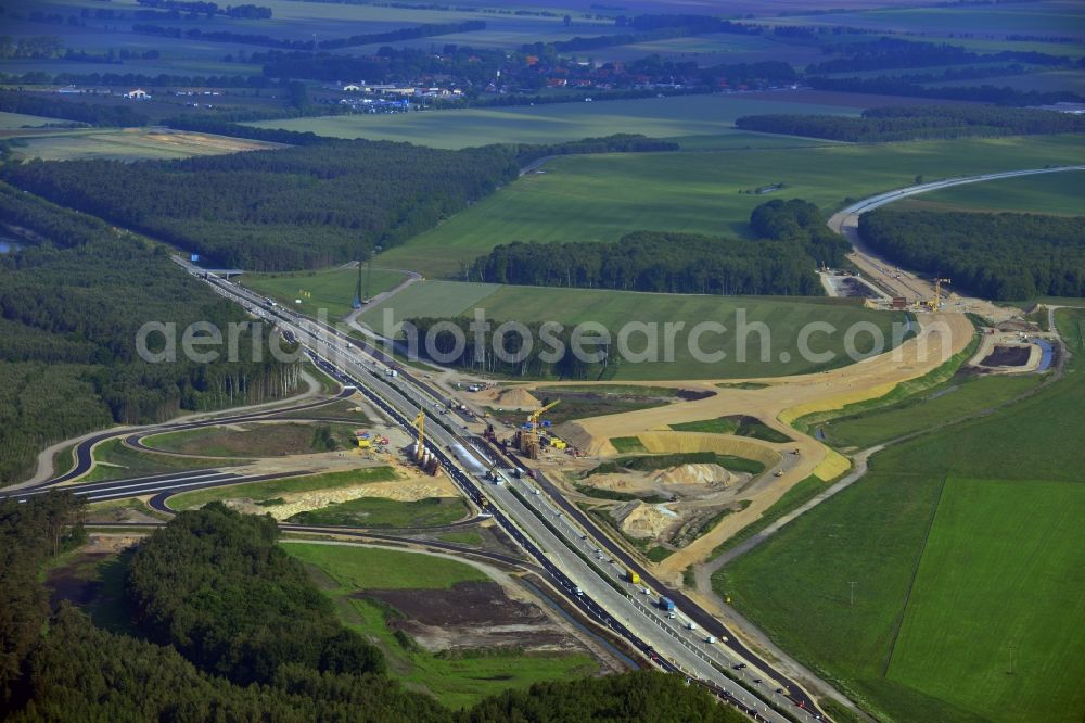 Aerial image Wöbbelin - Expansion and construction site of the highway triangle Schwerin on the motorway BAB A14 and A24 at Wöbbelin in Mecklenburg - Western Pomerania