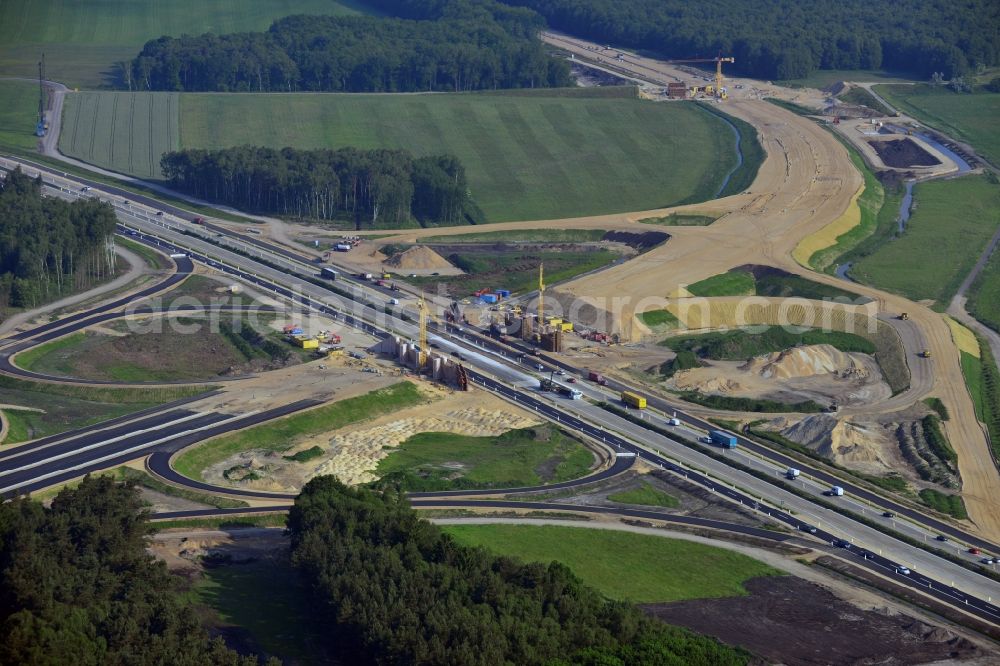 Aerial photograph Wöbbelin - Expansion and construction site of the highway triangle Schwerin on the motorway BAB A14 and A24 at Wöbbelin in Mecklenburg - Western Pomerania