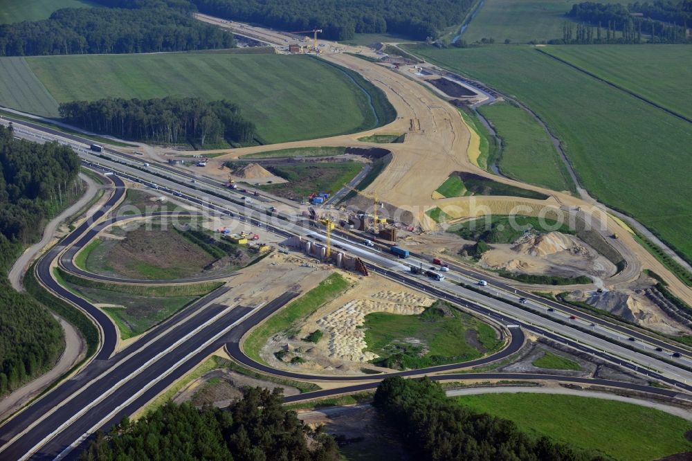 Wöbbelin from above - Expansion and construction site of the highway triangle Schwerin on the motorway BAB A14 and A24 at Wöbbelin in Mecklenburg - Western Pomerania