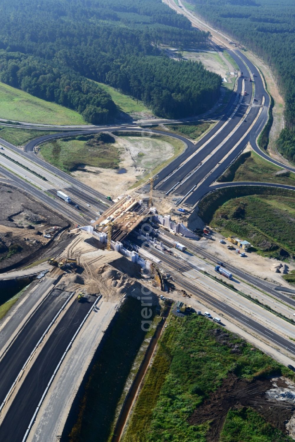 Wöbbelin from above - Expansion and construction site of the highway triangle Schwerin on the motorway BAB A14 and A24 at Wöbbelin in Mecklenburg - Western Pomerania