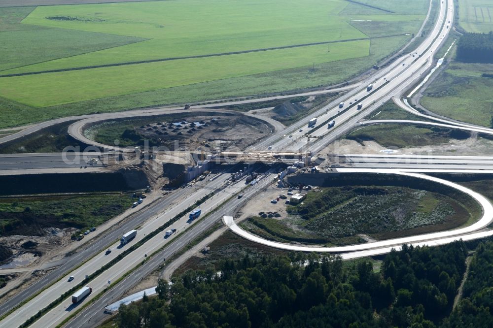 Aerial image Wöbbelin - Expansion and construction site of the highway triangle Schwerin on the motorway BAB A14 and A24 at Wöbbelin in Mecklenburg - Western Pomerania