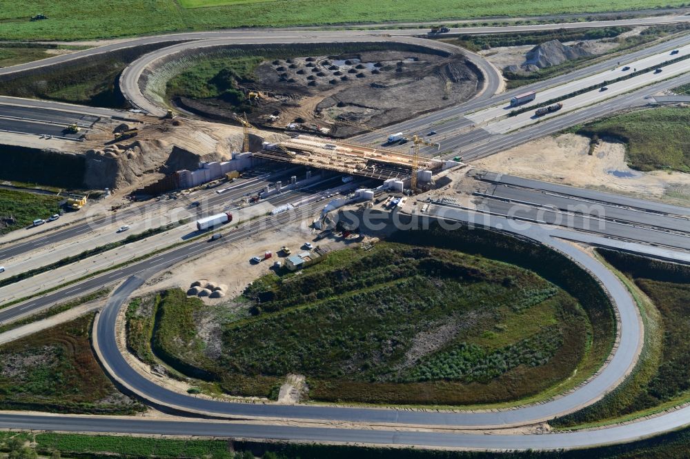 Wöbbelin from above - Expansion and construction site of the highway triangle Schwerin on the motorway BAB A14 and A24 at Wöbbelin in Mecklenburg - Western Pomerania