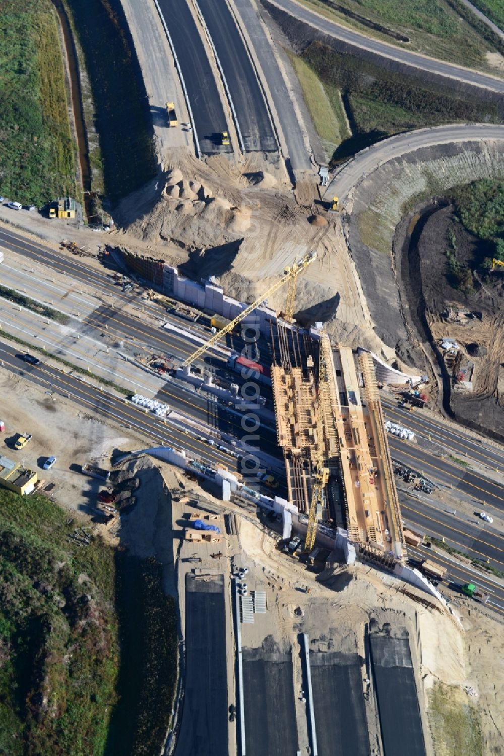 Aerial photograph Wöbbelin - Expansion and construction site of the highway triangle Schwerin on the motorway BAB A14 and A24 at Wöbbelin in Mecklenburg - Western Pomerania