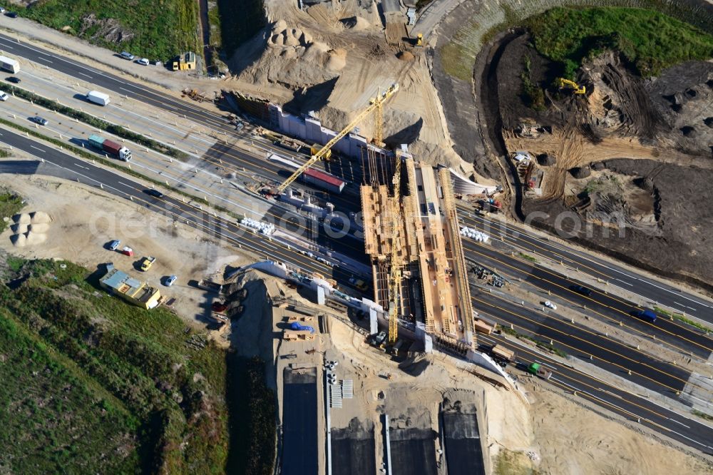 Wöbbelin from above - Expansion and construction site of the highway triangle Schwerin on the motorway BAB A14 and A24 at Wöbbelin in Mecklenburg - Western Pomerania